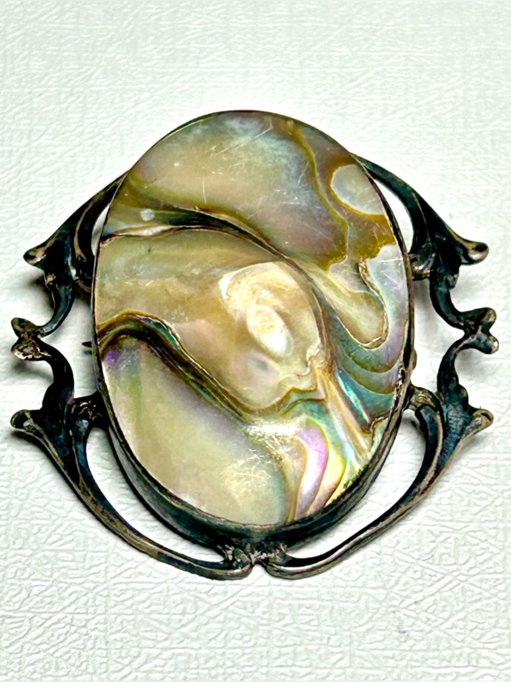Art Nouveau Iridescent Bursted Pearl Abalone Shell Brooch Sterling Silver VTG